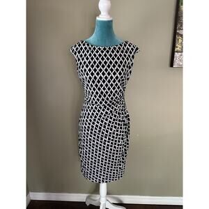 Ralph Lauren Dress Women 6 scoop neck BlackWhite Geometric Cap Sleeve Ruched